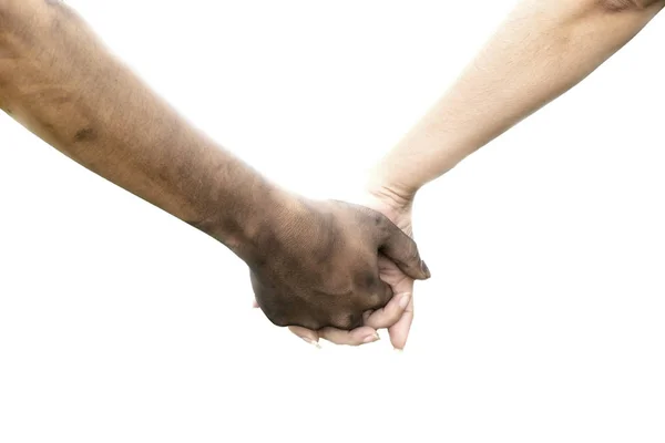 Close Man Woman Hands Touching Together Dirty Hand Clean White — Stock Photo, Image