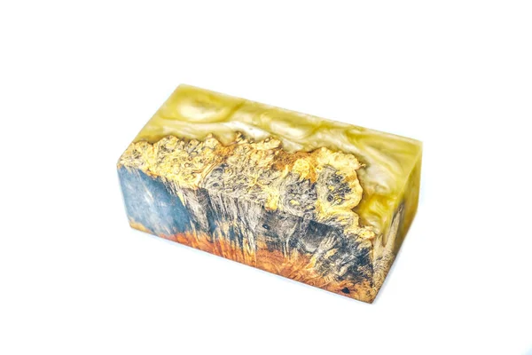 Casting Epoxy Resin Stabilizing Afzelia Burl Wood Yellow White Background — Stok Foto