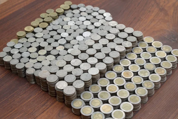 Πολλές Στοίβα Νομίσματα Υφή Φόντου Ξύλινο Γραφείο Χρήματα Για Την — Φωτογραφία Αρχείου