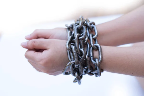 Chained Lady Hands White Background Human Rights Violations Concept — Stock Photo, Image