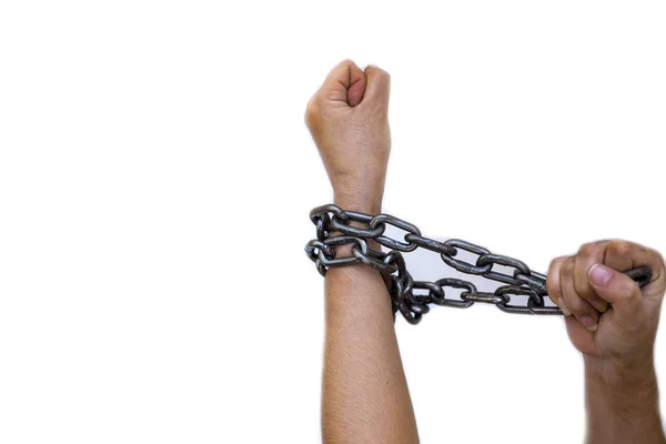 Przykuty Pani Ręce Białym Tle Koncepcja Naruszenia Praw Człowieka — Zdjęcie stockowe