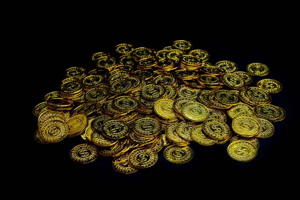 Montones Apilando Monedas Oro Sobre Fondo Negro Pila Dinero Para — Foto de Stock