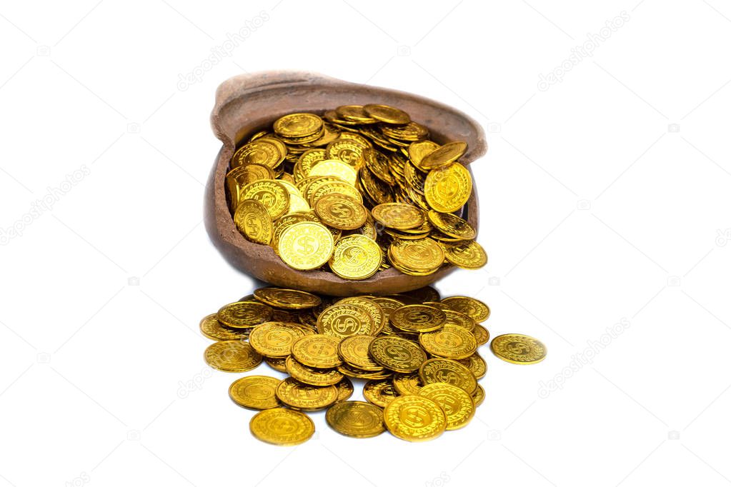 Stacking gold Coin in broken jar on white background,