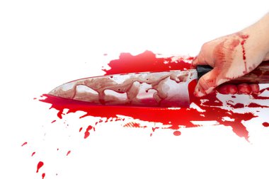 Deba bıçak kanlı el Bayan Beyaz arka plan, sosyal şiddet Cadılar Bayramı kavramı üzerinde