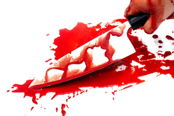 Deba Knife Bloody Hand Lady White Background Social Violence Halloween — Stock Photo, Image