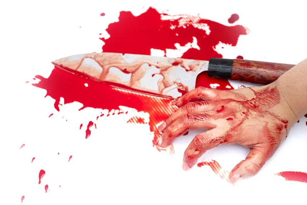 Deba ナイフ流血白い背景に 社会的な暴力ハロウィーン コンセプトで女性の手に — ストック写真
