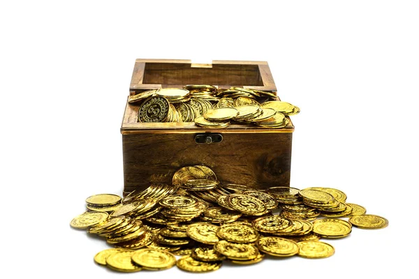 Stacking Gold Coin Treasure Chest White Background — Stock Photo, Image