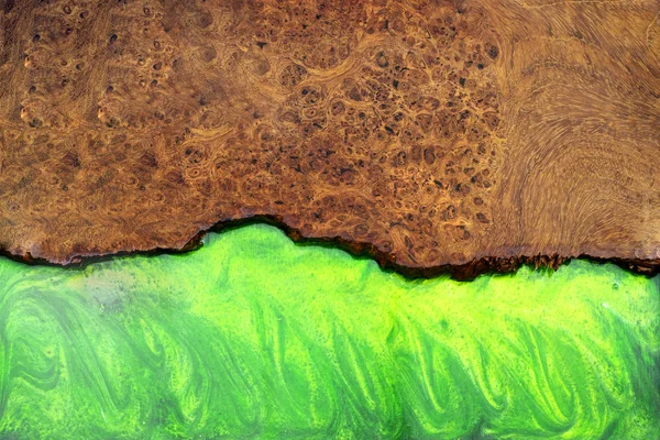 Casting Epoxy Resin Stabilizing Burl Wood Real Abstract Art Green — Stock Photo, Image