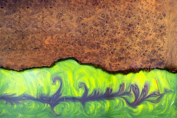 Кастинг Эпоксидной Смолы Стабилизирующей Древесину Бурля Настоящее Абстрактное Искусство Зеленый — стоковое фото