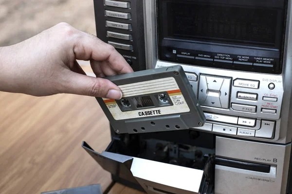 Women Hand Putting Cassette Old Fashioned Audio Tape Player Top — Stock Photo, Image