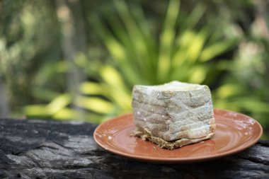 Kase yemek arka plan üzerinde mantar kaplı ekmek üzerinde kalıp