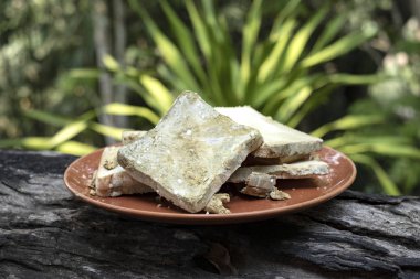 Kase yemek arka plan üzerinde mantar kaplı ekmek üzerinde kalıp