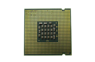 Gerçekçi cpu arkadan görünüm işlemci yongası üzerinde beyaz izole