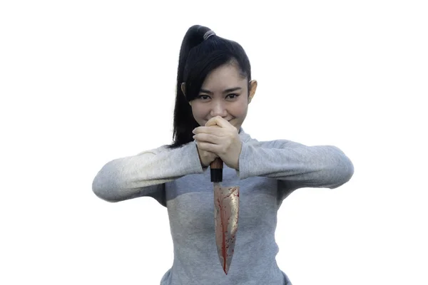 Woman Holding Bloody Knife Hand Black Background Social Violence Halloween — Stock Photo, Image