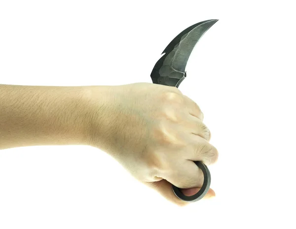 Karambit Messer Damenhand Taktischer Kämpfer Auf Weißem Hintergrund Selbstverteidigung Kampfsport — Stockfoto