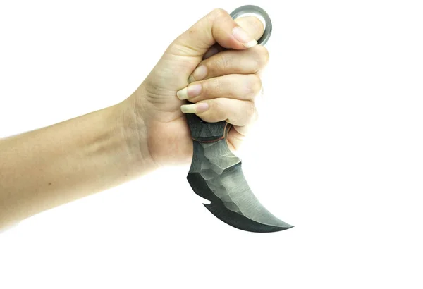 Karambit Knife Lady Hand Tactical Fighter White Background Self Defense — Stok fotoğraf