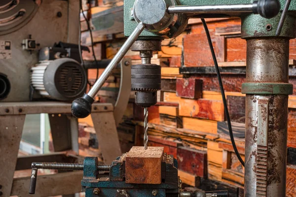 Mulheres de pé é artesanato trabalhando madeira broca — Fotografia de Stock