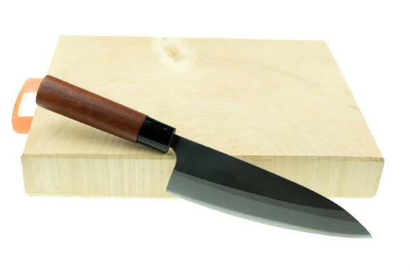 Kitchen knife and wood butcher block countertop — Stock Photo, Image