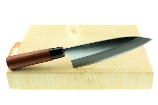 Kitchen knife and wood butcher block countertop — Stock Photo, Image