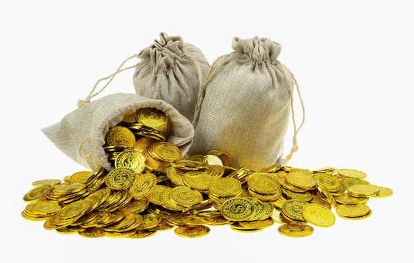 Stacking gold coin in treasure sack — Stock Photo, Image
