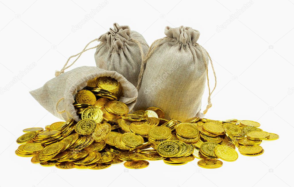 Stacking gold coin in treasure sack 