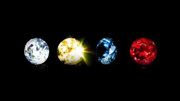 Група красивих алмазів на синьому червоному жовтому і прозорому — стокове фото