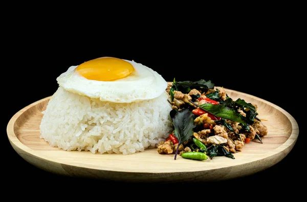Rice topped spicy fried pork with basil leaves topping Fried Egg — Stock Photo, Image