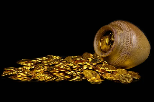 Χρυσό Νόμισμα Θησαυρό Παλιό Δοχείο Μαύρο Φόντο — Φωτογραφία Αρχείου