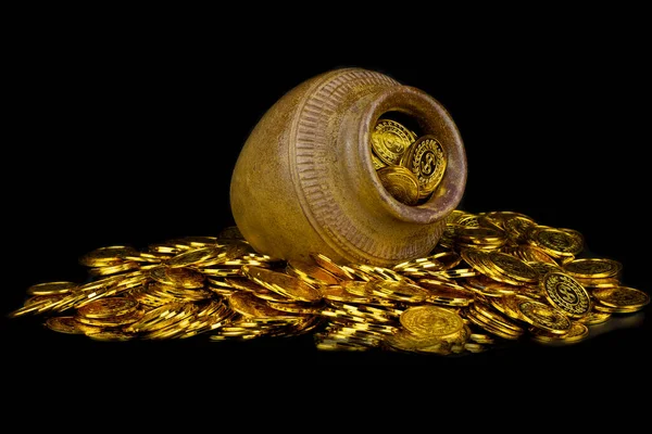 Gold Coin Treasure Old Pot Black Background — Stock Photo, Image