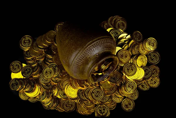 Moneta Oro Tesoro Vecchio Vaso Sfondo Nero — Foto Stock