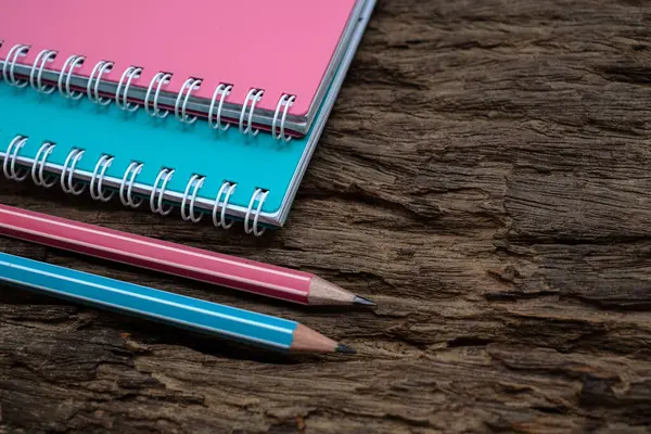 Pencil Book Mockup Old Wood Desk Backgroun — Stock Photo, Image