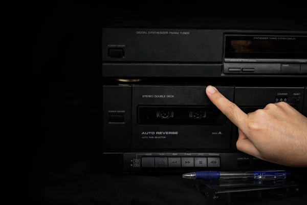 Woman Hand Inserting Compact Cassette Tape Old Player Audio Retro — Stock Photo, Image