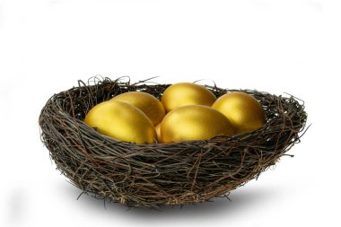 Dekoratif yuvadaki altın yumurtalar beyaz arka planda izole edilmiş