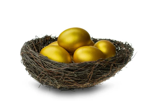 Golden Eggs Decorative Nest Isolated White Background — Stock Photo, Image