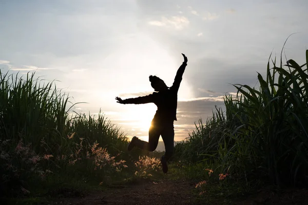 Bäuerin Silhouette Sprung Der Zuckerrohrplantage Hintergrund Sonnenuntergang Abend — Stockfoto