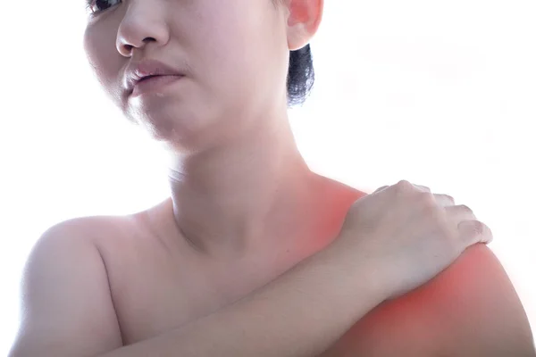 Jovem Mulher Asiática Com Dor Ombro Fundo Branco — Fotografia de Stock