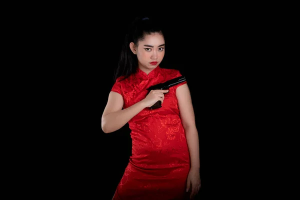 Portrait Beautiful Young Asia Woman Red Dress Traditional Cheongsam Holding — Stock Photo, Image