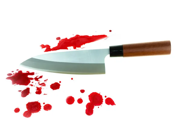白い背景に血のキッチンナイフ — ストック写真