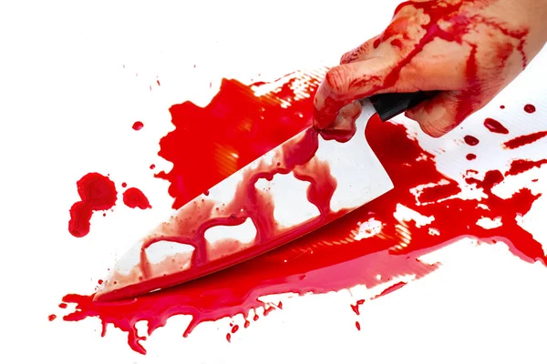 白い背景に女性の手に血のナイフ 社会的暴力ハロウィーンのコンセプト — ストック写真