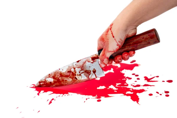 白い背景に女性の手に血のナイフ 社会的暴力ハロウィンの概念 — ストック写真