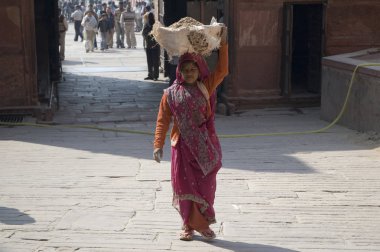 Hintli kadın kum başına taşır. Hintli kadın. Hindistan, Yeni Delhi-Ocak 31, 2009