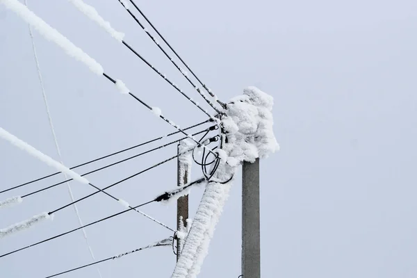 power line on a pole of many wires covered with a thick layer of snow.