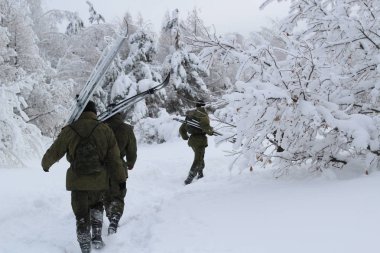 bulutlu bir günde kayaklar kış ormanda birkaç askeri çalıştırmak.