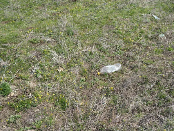 Resíduos de garrafas de plástico na floresta na primavera. Conceito de poluição plástica — Fotografia de Stock