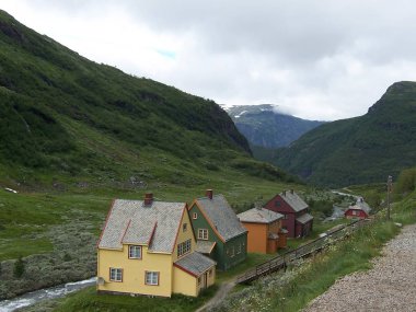 Myrdal, Norveç - 18 Temmuz 2007. Konut binaları ile Olso-Bergen demiryolu ve muhteşem Flamsbana kavşağında Myrdal köyü üzerinde görünümü.