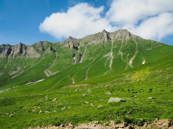 Bela paisagem com vista para as montanhas rochosas e montanhas cobertas com grama verde e arbustos . — Fotografia de Stock