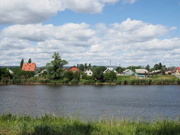 Wooden House Village Beautiful Landscape Blue Sky Clouds — Stock Photo, Image