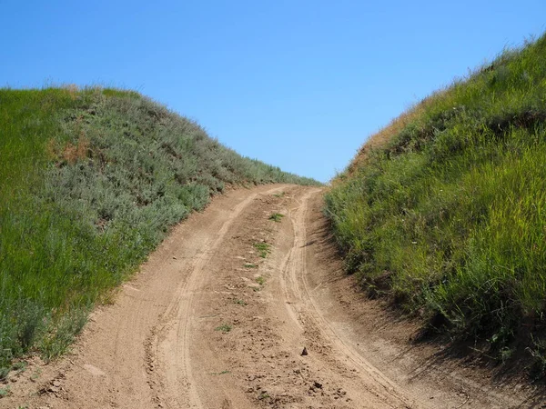 Campagna Rurale Polverosa Strada Attraverso Campo Con Erbe Selvatiche Fiori — Foto Stock