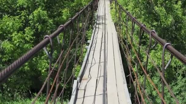 Підвісний Дерев Яний Міст Через Річку Луг Веде Небо — стокове відео