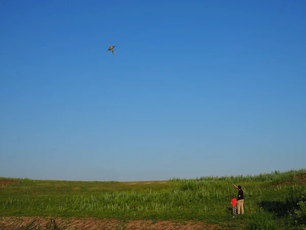 夏日快乐的家庭 爸爸和儿子在放风筝 — 图库照片